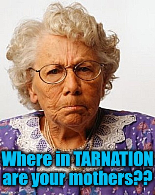 Angry Old Woman | Where in TARNATION are your mothers?? | image tagged in angry old woman | made w/ Imgflip meme maker