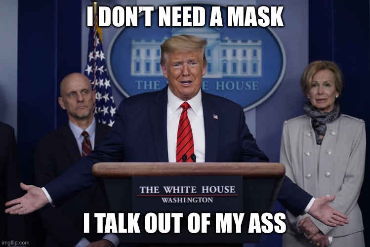 Trump press conference | I DON’T NEED A MASK; I TALK OUT OF MY ASS | image tagged in trump press conference | made w/ Imgflip meme maker