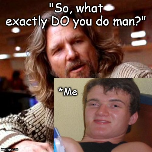 Confused Lebowski | "So, what exactly DO you do man?"; *Me | image tagged in memes,confused lebowski | made w/ Imgflip meme maker