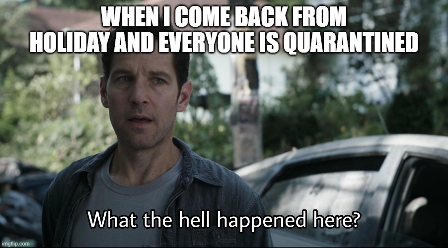 coronavirus effectiveness: 100 | WHEN I COME BACK FROM HOLIDAY AND EVERYONE IS QUARANTINED | image tagged in coronavirus,what the hell happened here,funny,memes,quarantine | made w/ Imgflip meme maker