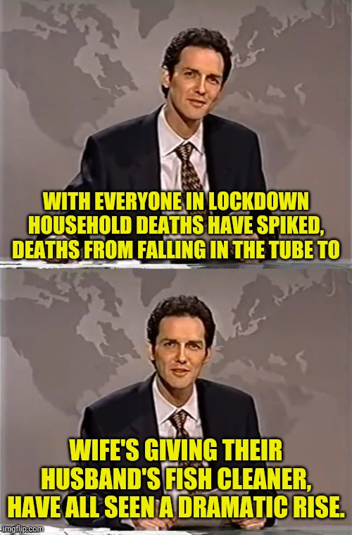 WEEKEND UPDATE WITH NORM | WITH EVERYONE IN LOCKDOWN HOUSEHOLD DEATHS HAVE SPIKED, DEATHS FROM FALLING IN THE TUBE TO; WIFE'S GIVING THEIR HUSBAND'S FISH CLEANER, HAVE ALL SEEN A DRAMATIC RISE. | image tagged in weekend update with norm,fish tank,political meme,msm lies,fake news,trump 2020 | made w/ Imgflip meme maker