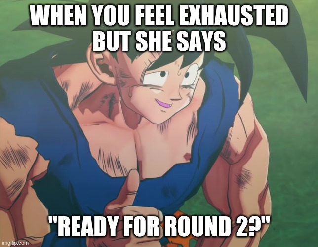 Its cool im fine. (new template?) | WHEN YOU FEEL EXHAUSTED
BUT SHE SAYS; "READY FOR ROUND 2?" | image tagged in dragon ball z,kakarot,goku | made w/ Imgflip meme maker
