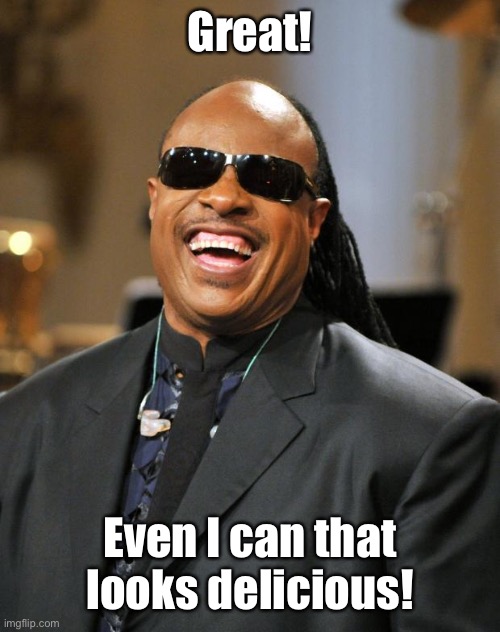 Stevie Wonder | Great! Even I can that looks delicious! | image tagged in stevie wonder | made w/ Imgflip meme maker
