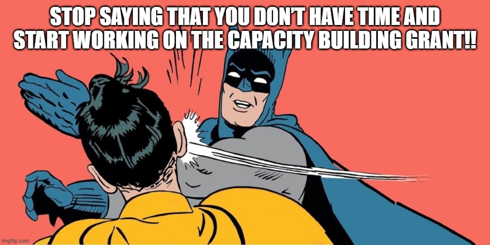 greant writing | STOP SAYING THAT YOU DON’T HAVE TIME AND START WORKING ON THE CAPACITY BUILDING GRANT!! | image tagged in research | made w/ Imgflip meme maker