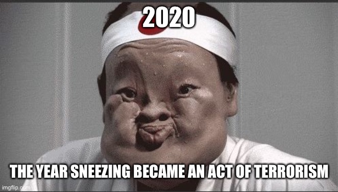 chinese guy trying not to sneeze | 2020; THE YEAR SNEEZING BECAME AN ACT OF TERRORISM | image tagged in chinese guy trying not to sneeze | made w/ Imgflip meme maker