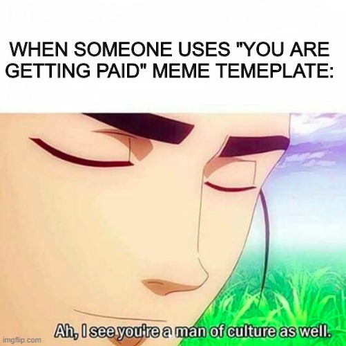 Ah,I see you are a man of culture as well | WHEN SOMEONE USES "YOU ARE GETTING PAID" MEME TEMEPLATE: | image tagged in ah i see you are a man of culture as well | made w/ Imgflip meme maker