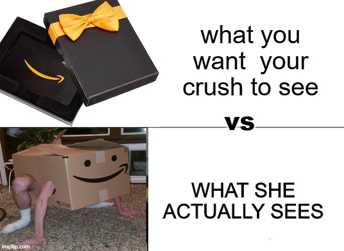 amazon prime delivery here! | what you want  your crush to see; vs; WHAT SHE ACTUALLY SEES | image tagged in amazon | made w/ Imgflip meme maker