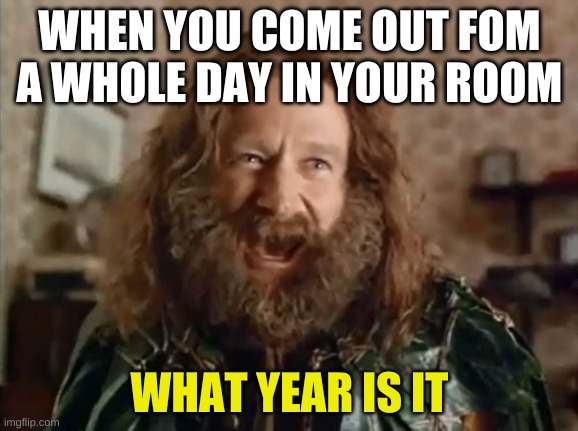 What Year Is It | WHEN YOU COME OUT FOM A WHOLE DAY IN YOUR ROOM; WHAT YEAR IS IT | image tagged in memes,what year is it | made w/ Imgflip meme maker
