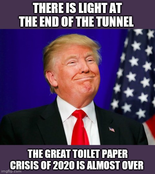 Trump Smile | THERE IS LIGHT AT THE END OF THE TUNNEL; THE GREAT TOILET PAPER CRISIS OF 2020 IS ALMOST OVER | image tagged in trump smile | made w/ Imgflip meme maker