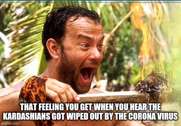 Castaway Fire |  THAT FEELING YOU GET WHEN YOU HEAR THE KARDASHIANS GOT WIPED OUT BY THE CORONA VIRUS | image tagged in memes,castaway fire | made w/ Imgflip meme maker