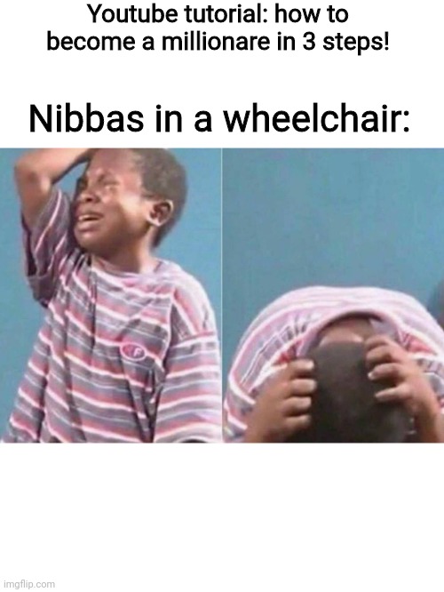 Crying kid | Youtube tutorial: how to become a millionare in 3 steps! Nibbas in a wheelchair: | image tagged in crying kid | made w/ Imgflip meme maker