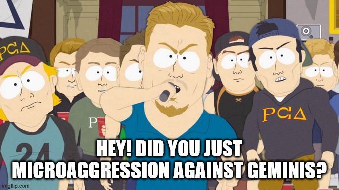PC Principal SouthPark | HEY! DID YOU JUST MICROAGGRESSION AGAINST GEMINIS? | image tagged in pc principal southpark | made w/ Imgflip meme maker