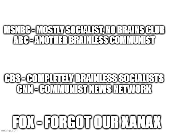 Real Names of the News Networks | MSNBC - MOSTLY SOCIALIST, NO BRAINS CLUB
ABC - ANOTHER BRAINLESS COMMUNIST; CBS - COMPLETELY BRAINLESS SOCIALISTS
CNN - COMMUNIST NEWS NETWORK; FOX - FORGOT OUR XANAX | image tagged in news,breaking news,mainstream media,real | made w/ Imgflip meme maker
