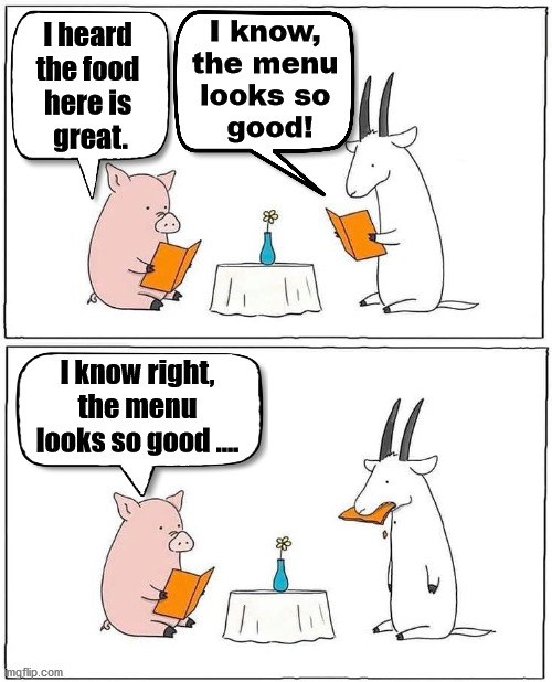 Goats will eat anything. | I know, 
the menu 
looks so 
good! I heard 
the food 
here is 
great. I know right, the menu looks so good .... | image tagged in pig,goat,eating,cartoon | made w/ Imgflip meme maker