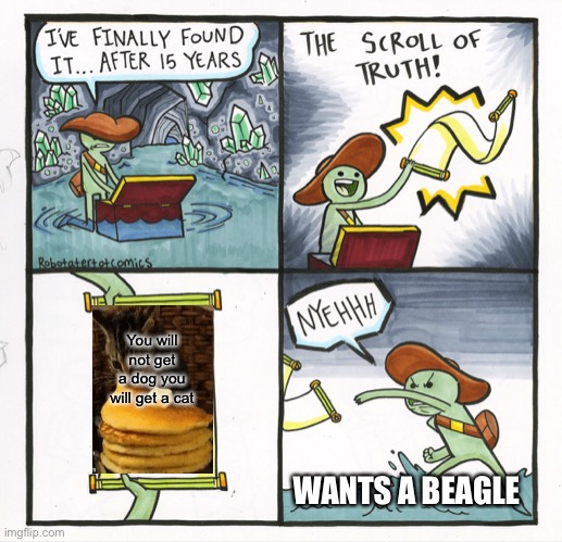 The Scroll Of Truth Meme | You will not get a dog you will get a cat; WANTS A BEAGLE | image tagged in memes,the scroll of truth | made w/ Imgflip meme maker