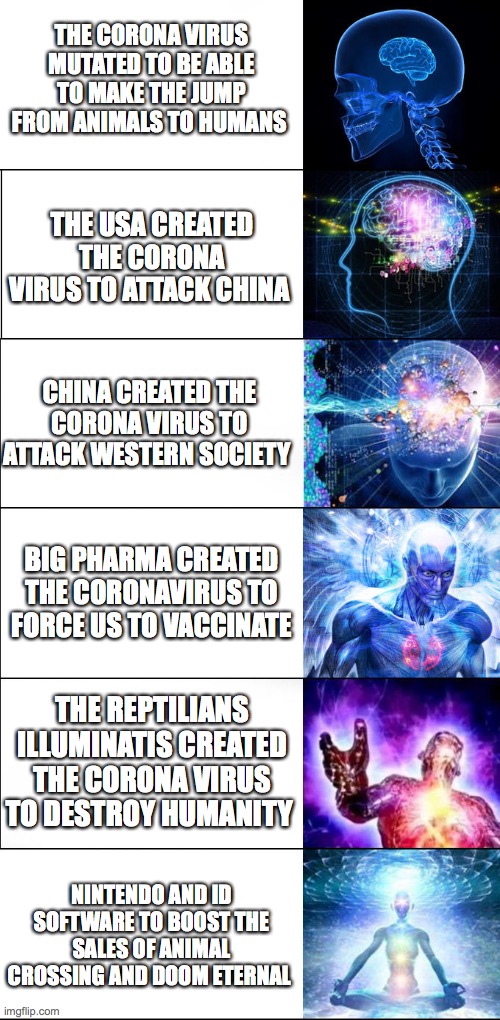 6 Panel brain mem | THE CORONA VIRUS MUTATED TO BE ABLE TO MAKE THE JUMP FROM ANIMALS TO HUMANS; THE USA CREATED THE CORONA VIRUS TO ATTACK CHINA; CHINA CREATED THE CORONA VIRUS TO ATTACK WESTERN SOCIETY; BIG PHARMA CREATED THE CORONAVIRUS TO FORCE US TO VACCINATE; THE REPTILIANS ILLUMINATIS CREATED THE CORONA VIRUS TO DESTROY HUMANITY; NINTENDO AND ID SOFTWARE TO BOOST THE SALES OF ANIMAL CROSSING AND DOOM ETERNAL | image tagged in 6 panel brain mem | made w/ Imgflip meme maker