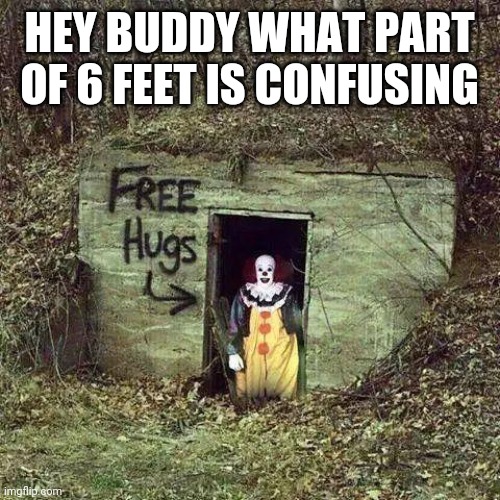 Hugging Pennywise | HEY BUDDY WHAT PART OF 6 FEET IS CONFUSING | image tagged in hugging pennywise | made w/ Imgflip meme maker