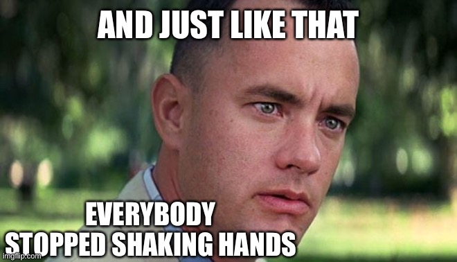 Forest Gump | AND JUST LIKE THAT; EVERYBODY STOPPED SHAKING HANDS | image tagged in forest gump | made w/ Imgflip meme maker