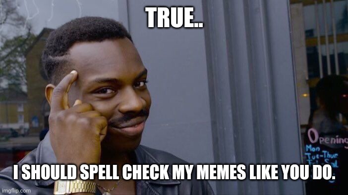 TRUE.. I SHOULD SPELL CHECK MY MEMES LIKE YOU DO. | image tagged in memes,roll safe think about it | made w/ Imgflip meme maker