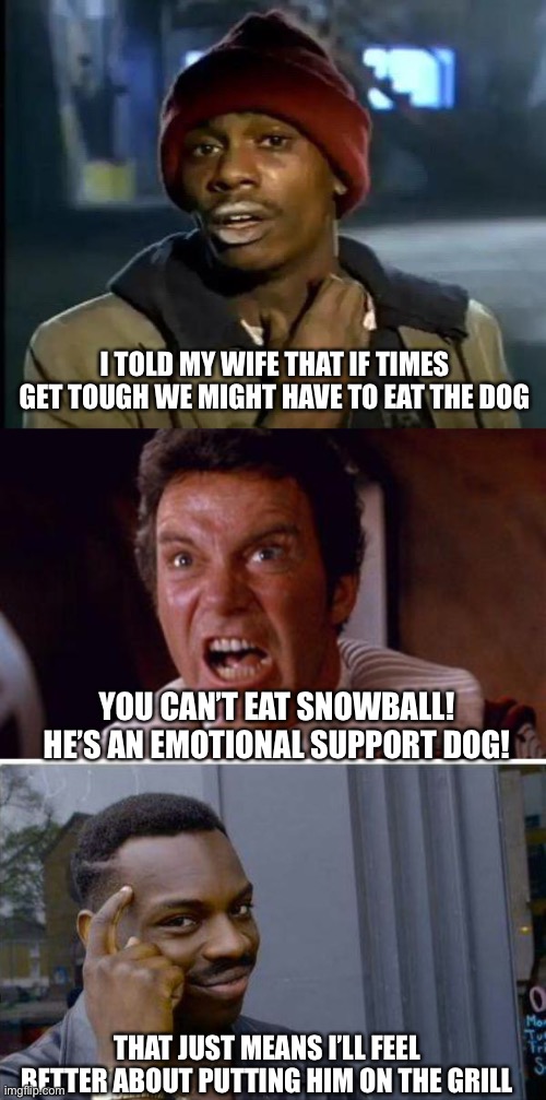 Just in case | I TOLD MY WIFE THAT IF TIMES GET TOUGH WE MIGHT HAVE TO EAT THE DOG; YOU CAN’T EAT SNOWBALL! HE’S AN EMOTIONAL SUPPORT DOG! THAT JUST MEANS I’LL FEEL BETTER ABOUT PUTTING HIM ON THE GRILL | image tagged in khan,logic thinker,memes,y'all got any more of that | made w/ Imgflip meme maker