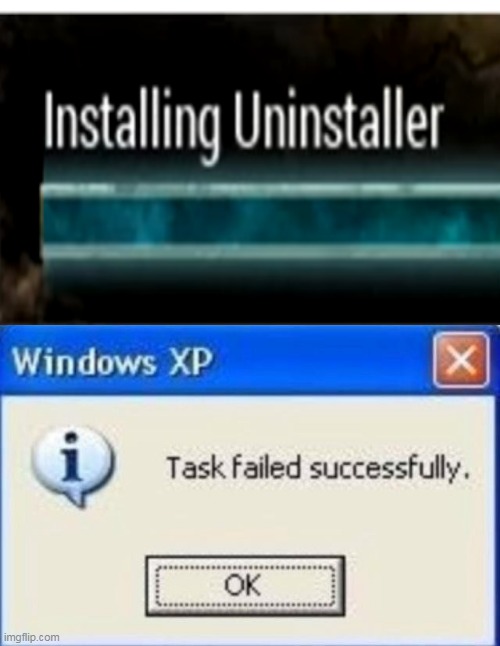 Installing Uninstaller | image tagged in task failed successfully,memes,funny | made w/ Imgflip meme maker