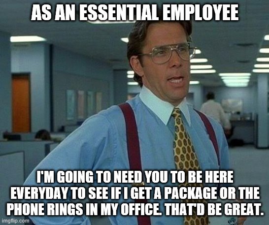 That Would Be Great Meme | AS AN ESSENTIAL EMPLOYEE; I'M GOING TO NEED YOU TO BE HERE EVERYDAY TO SEE IF I GET A PACKAGE OR THE PHONE RINGS IN MY OFFICE. THAT'D BE GREAT. | image tagged in memes,that would be great | made w/ Imgflip meme maker