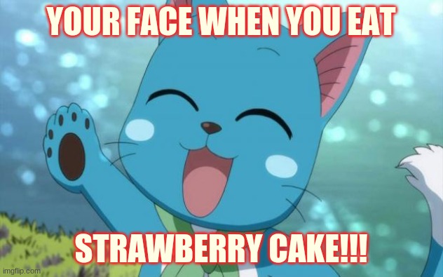 Happy fairy tail | YOUR FACE WHEN YOU EAT; STRAWBERRY CAKE!!! | image tagged in happy fairy tail | made w/ Imgflip meme maker