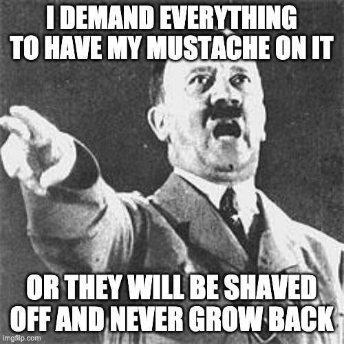 Hitler | I DEMAND EVERYTHING TO HAVE MY MUSTACHE ON IT OR THEY WILL BE SHAVED OFF AND NEVER GROW BACK | image tagged in hitler | made w/ Imgflip meme maker