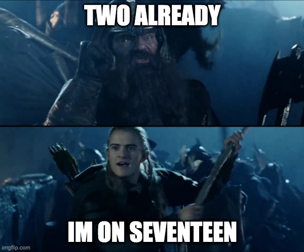 LOTR Two Towers | TWO ALREADY; IM ON SEVENTEEN | image tagged in lord of the rings | made w/ Imgflip meme maker