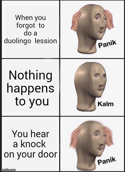 Panik Kalm Panik | When you forgot  to do a duolingo  lession; Nothing happens  to you; You hear a knock  on your door | image tagged in memes,panik kalm panik | made w/ Imgflip meme maker