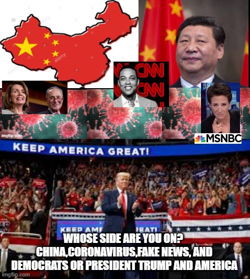 Whose Side Are You On? | WHOSE SIDE ARE YOU ON?  CHINA,CORONAVIRUS,FAKE NEWS, AND DEMOCRATS OR PRESIDENT TRUMP AND AMERICA | image tagged in fake news,coronavirus,democrats,china,stupid liberals | made w/ Imgflip meme maker