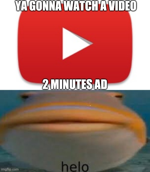 YA GONNA WATCH A VIDEO; 2 MINUTES AD | image tagged in youtube,fish helo | made w/ Imgflip meme maker