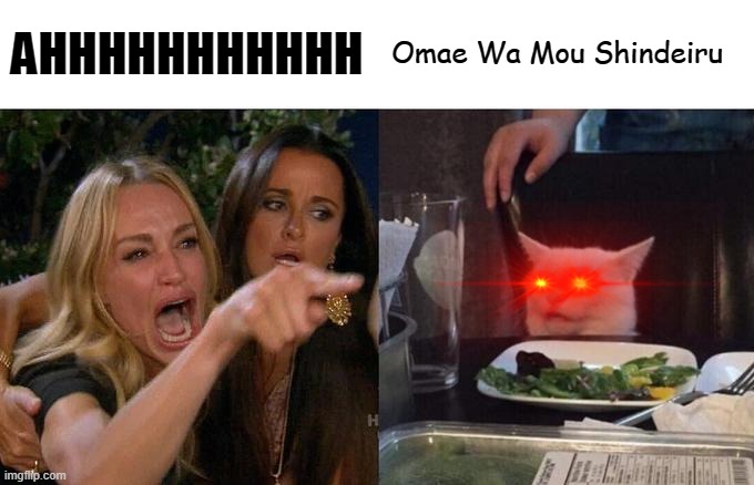 Woman Yelling At Cat Meme | AHHHHHHHHHHH; Omae Wa Mou Shindeiru | image tagged in memes,woman yelling at cat | made w/ Imgflip meme maker