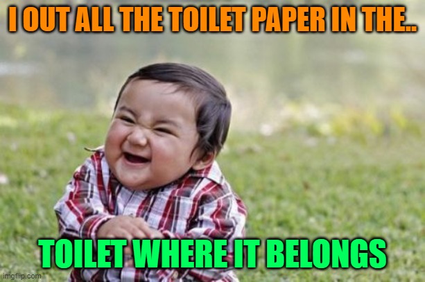 Evil Toddler Meme | I OUT ALL THE TOILET PAPER IN THE.. TOILET WHERE IT BELONGS | image tagged in memes,evil toddler | made w/ Imgflip meme maker