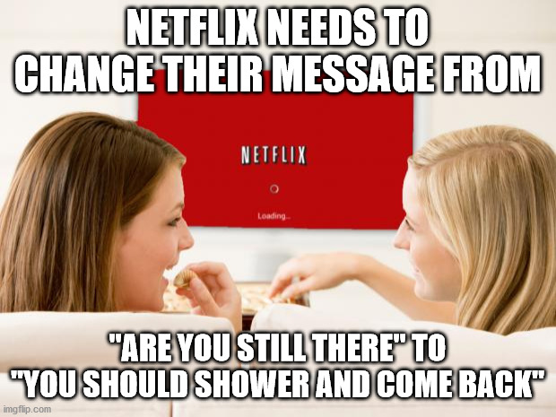 Netflix Girls | NETFLIX NEEDS TO CHANGE THEIR MESSAGE FROM; "ARE YOU STILL THERE" TO "YOU SHOULD SHOWER AND COME BACK" | image tagged in netflix girls | made w/ Imgflip meme maker