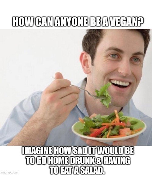 Vegan power | HOW CAN ANYONE BE A VEGAN? IMAGINE HOW SAD IT WOULD BE
TO GO HOME DRUNK & HAVING
TO EAT A SALAD. | image tagged in vegan,salad,sad,millennials,drunk,problems | made w/ Imgflip meme maker