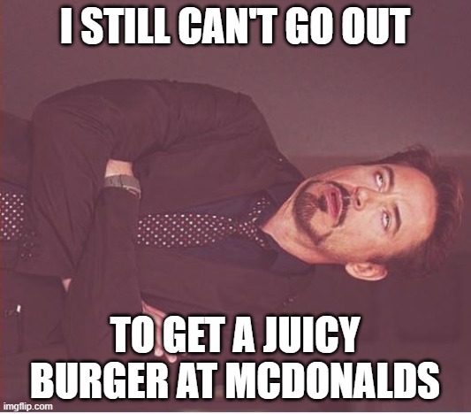 COVID-19 JAIL | I STILL CAN'T GO OUT; TO GET A JUICY BURGER AT MCDONALDS | image tagged in memes,face you make robert downey jr,covid-19,corona virus,quarantine,hungry | made w/ Imgflip meme maker