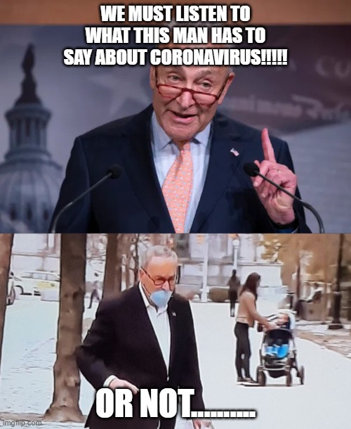 Just listen to him...what could go wrong? | WE MUST LISTEN TO WHAT THIS MAN HAS TO SAY ABOUT CORONAVIRUS!!!!! OR NOT.......... | image tagged in chuck,schumer,mask,fail | made w/ Imgflip meme maker