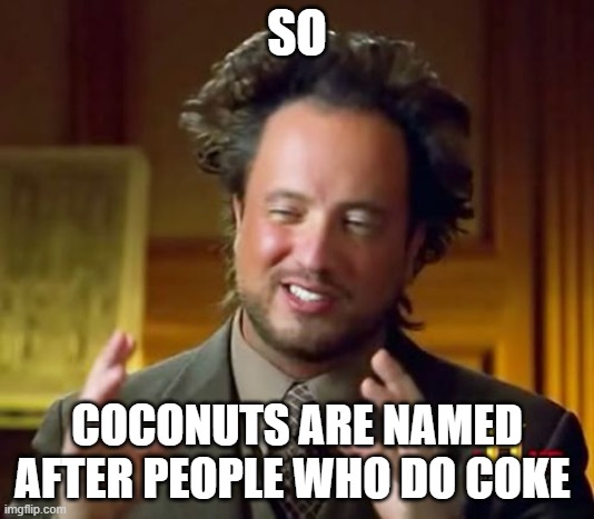Ancient Aliens | SO; COCONUTS ARE NAMED AFTER PEOPLE WHO DO COKE | image tagged in memes,ancient aliens,first world stoner problems,funny,don't do drugs | made w/ Imgflip meme maker