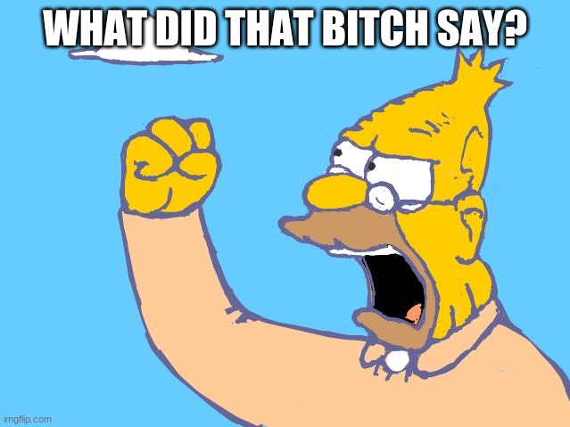 old man yells at cloud | WHAT DID THAT B**CH SAY? | image tagged in old man yells at cloud | made w/ Imgflip meme maker