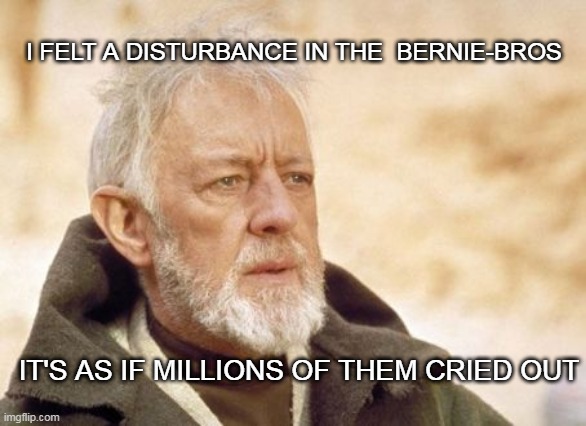 Obi Wan Kenobi Meme | I FELT A DISTURBANCE IN THE  BERNIE-BROS; IT'S AS IF MILLIONS OF THEM CRIED OUT | image tagged in memes,obi wan kenobi | made w/ Imgflip meme maker