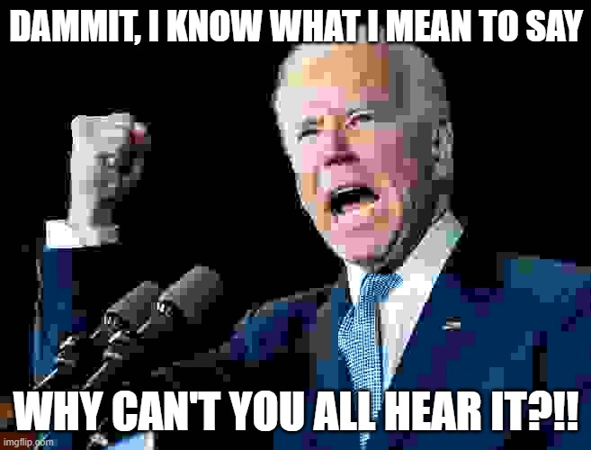 Words have meaning, unintelligible words do, too, just not the meaning one is hoping for. God bless, Joe. | DAMMIT, I KNOW WHAT I MEAN TO SAY; WHY CAN'T YOU ALL HEAR IT?!! | image tagged in joe biden's fist,joe biden,election 2020,sad joe biden | made w/ Imgflip meme maker