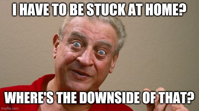 Rodney Dangerfield | I HAVE TO BE STUCK AT HOME? WHERE'S THE DOWNSIDE OF THAT? | image tagged in rodney dangerfield | made w/ Imgflip meme maker