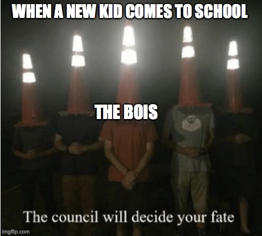 The council will decide your fate | WHEN A NEW KID COMES TO SCHOOL; THE BOIS | image tagged in the council will decide your fate | made w/ Imgflip meme maker