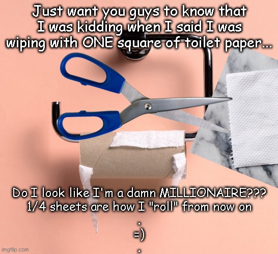 Just want you guys to know that I was kidding when I said I was wiping with ONE square of toilet paper... Do I look like I'm a damn MILLIONAIRE???
1/4 sheets are how I "roll" from now on
.
=)
. | image tagged in funny,toilet paper,no more toilet paper,wipe,poop,economy | made w/ Imgflip meme maker