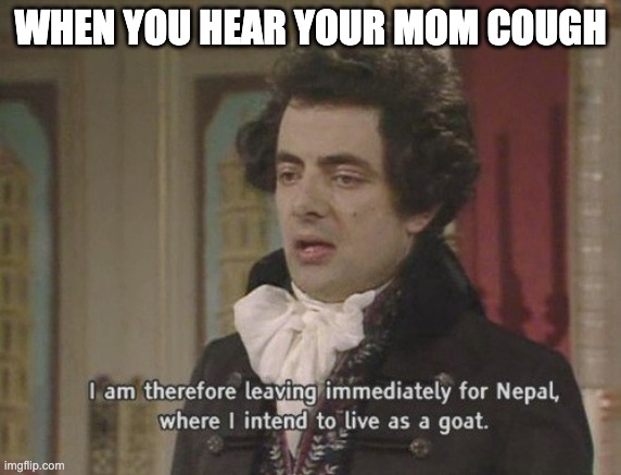 I am therefore leaving immediately for Nepal | WHEN YOU HEAR YOUR MOM COUGH | image tagged in i am therefore leaving immediately for nepal | made w/ Imgflip meme maker