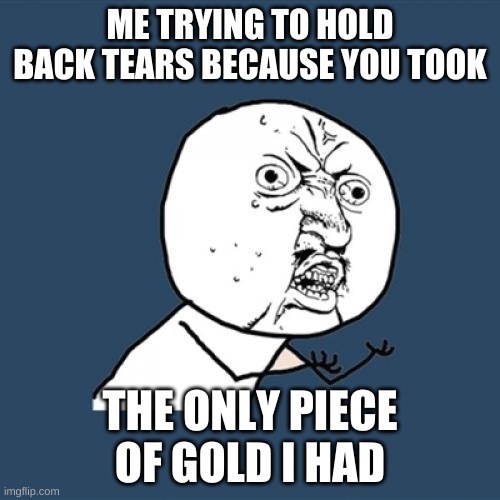 Y U No Meme | ME TRYING TO HOLD BACK TEARS BECAUSE YOU TOOK; THE ONLY PIECE OF GOLD I HAD | image tagged in memes,y u no | made w/ Imgflip meme maker