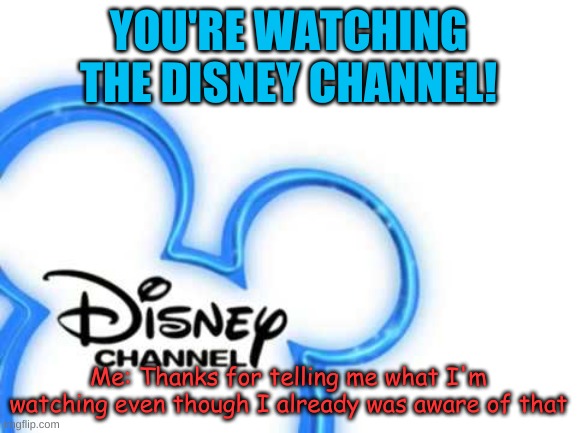 YOU'RE WATCHING THE DISNEY CHANNEL! Me: Thanks for telling me what I'm watching even though I already was aware of that | made w/ Imgflip meme maker