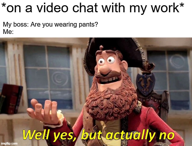 video chats | *on a video chat with my work*; My boss: Are you wearing pants?
Me: | image tagged in memes,well yes but actually no | made w/ Imgflip meme maker