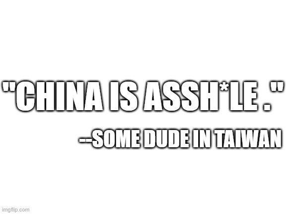 Blank White Template | "CHINA IS ASSH*LE ."; --SOME DUDE IN TAIWAN | image tagged in blank white template | made w/ Imgflip meme maker